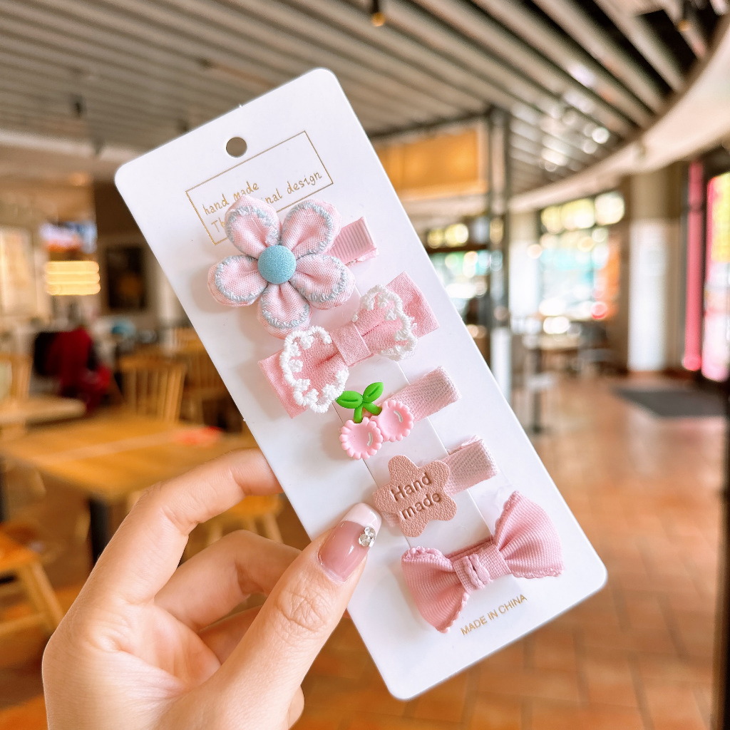 Set 5 kẹp tóc đính hoa, nơ vải xinh xắn dễ thương dành cho bé gái PK154