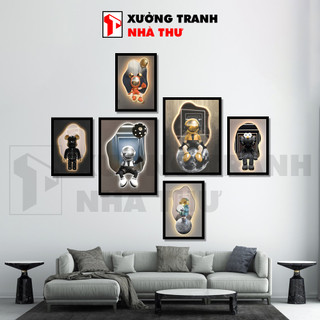 Bộ 6 Tranh Dán Tường Gấu Bearbrick, Gấu Kaws Trang Trí Cao Cấp Tranh Treo Tường Decor Phòng Khách Phòng Ngủ