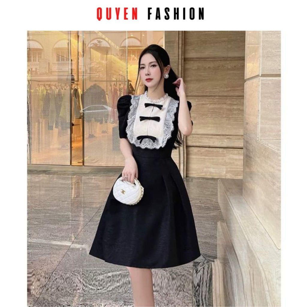 Đầm xòe công sở tay phồng kiểu hàn quốc Quyên Fashion DL262, váy sơ mi màu đen phối trắng