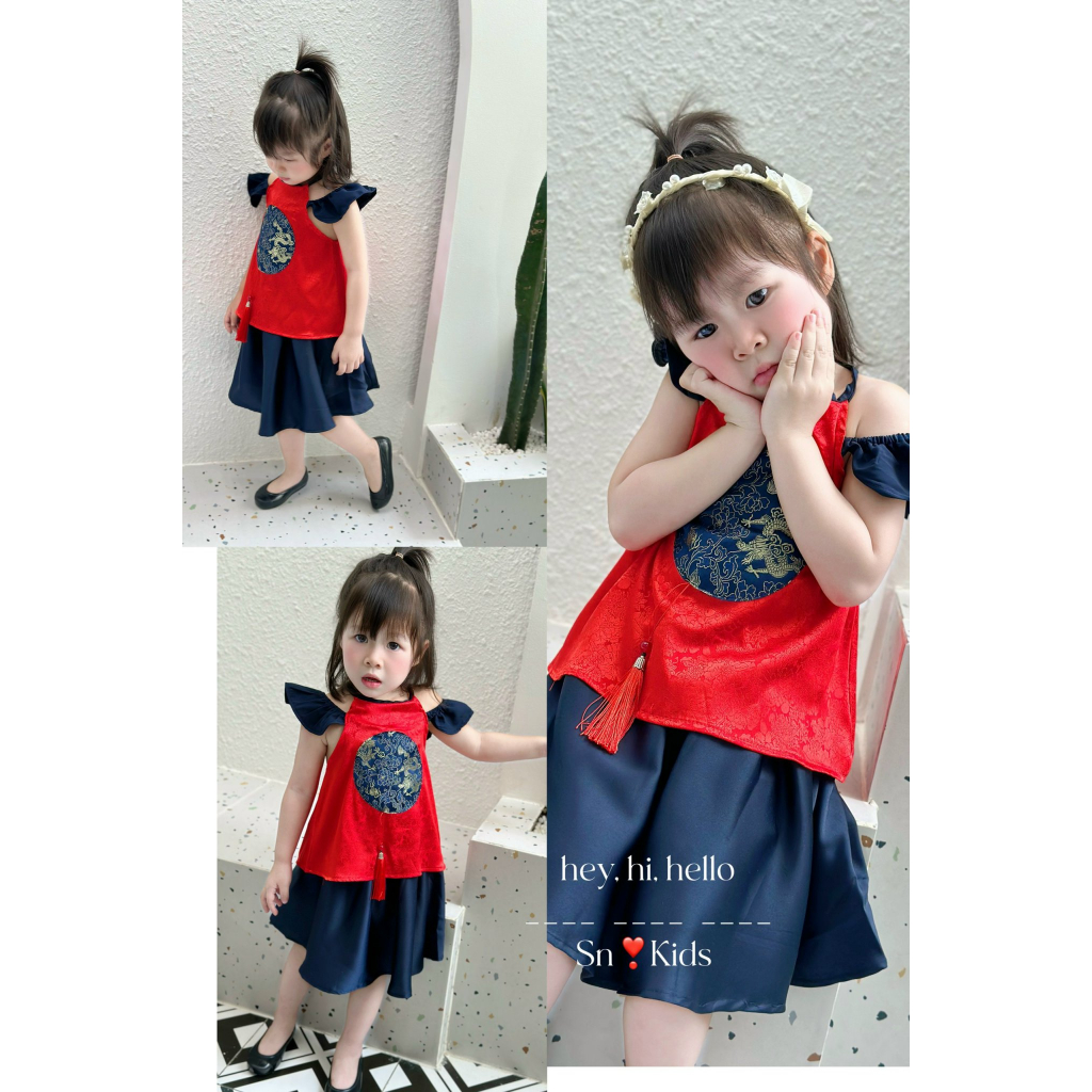 Váy bé gái , Sét váy yếm vải áo gấm chân váy lụa cho bé diện trung thu 10-30kg