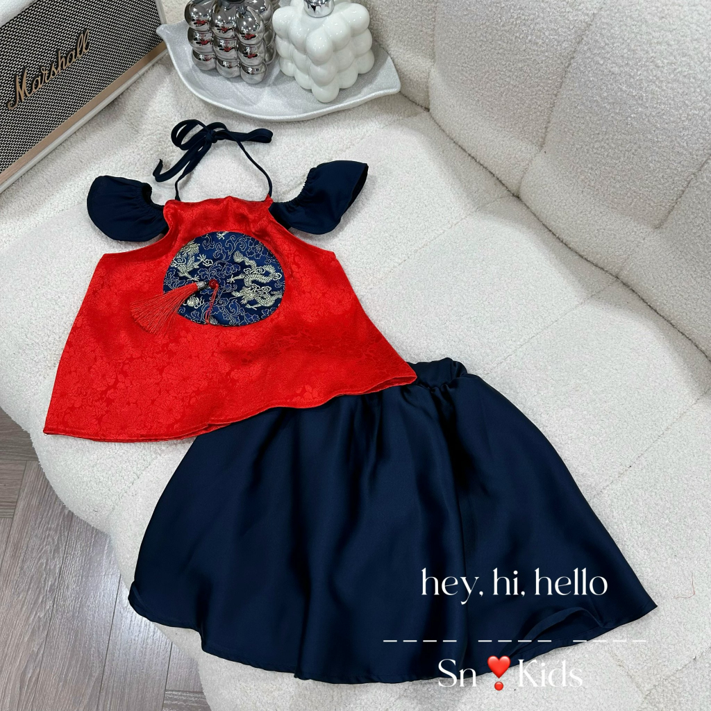 Váy bé gái , Sét váy yếm vải áo gấm chân váy lụa cho bé diện trung thu 10-30kg