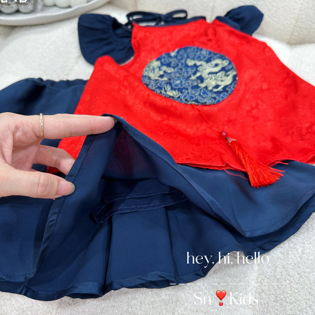 Váy bé gái , Sét váy yếm vải áo gấm chân váy lụa cho bé diện trung thu 10-30kg