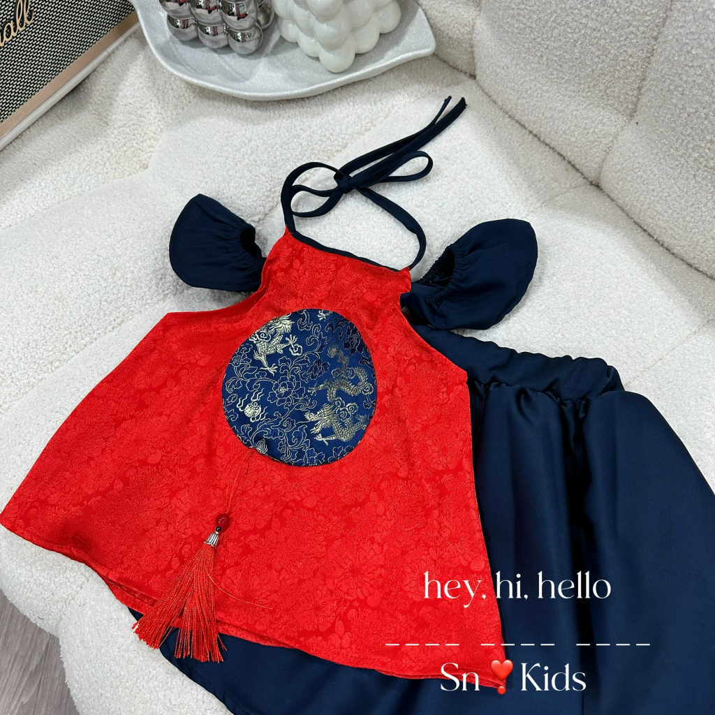 Váy bé gái , Sét váy yếm vải áo gấm chân váy lụa cho bé diện trung thu 10-30kg