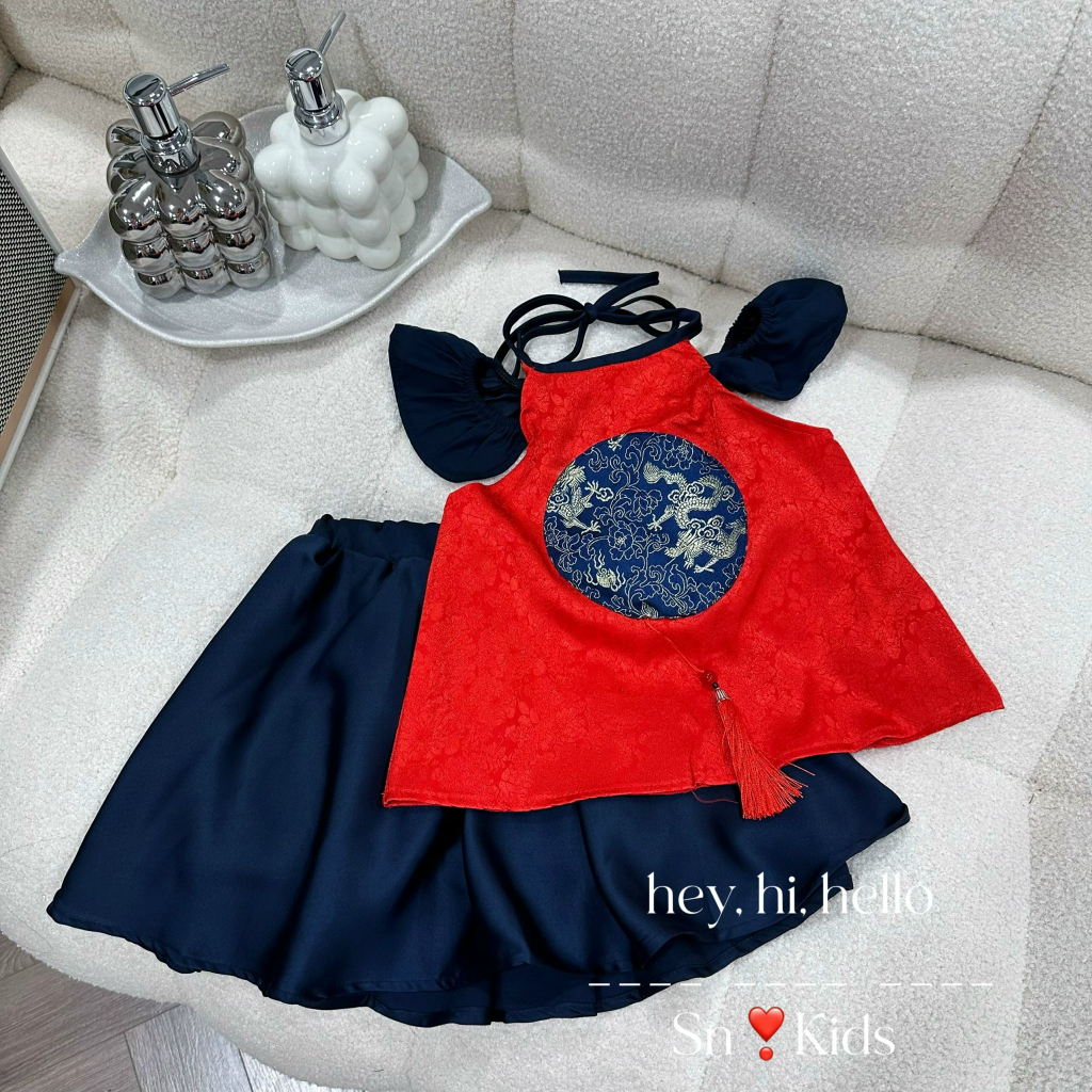 Váy bé gái , Sét váy yếm vải áo gấm chân váy lụa cho bé diện trung thu 10-30kg