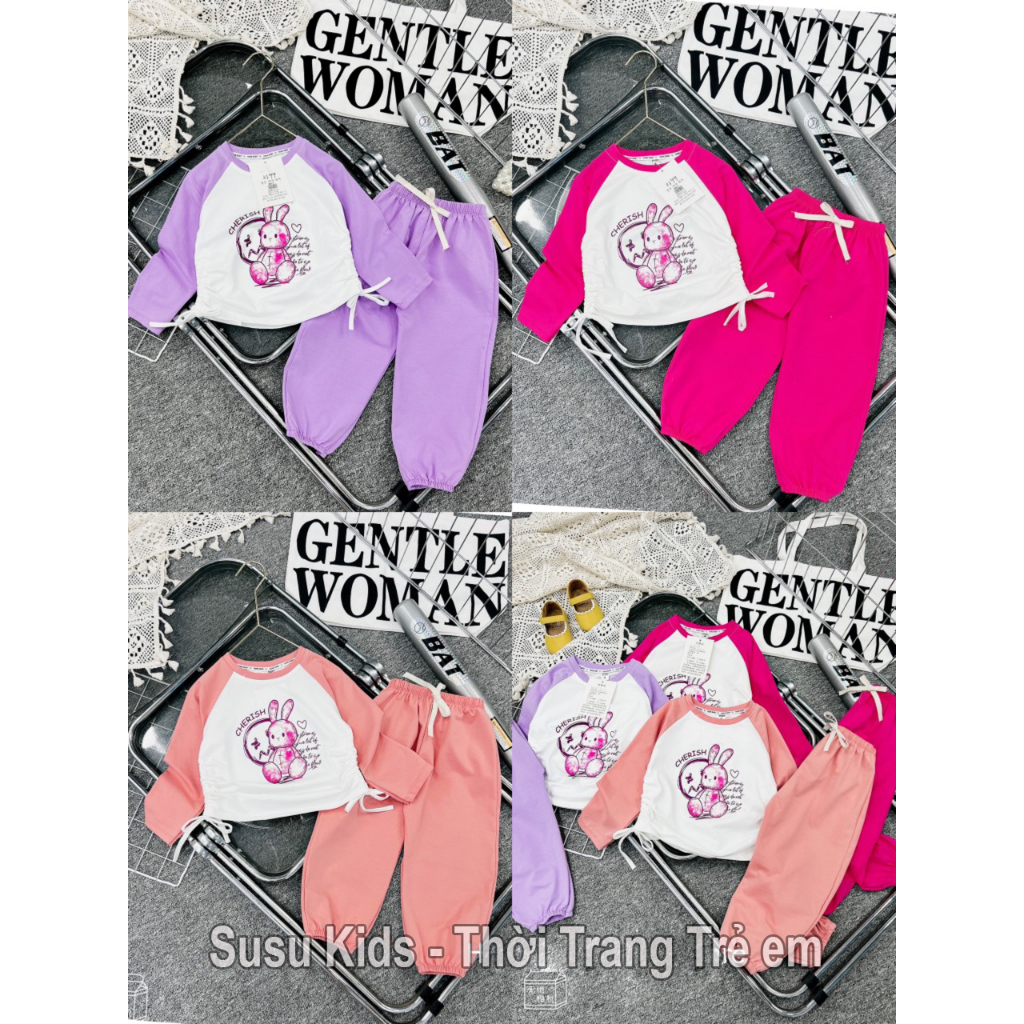 Bộ thu đông bé gái, Sét bộ thỏ rút eo Cotton 3 màu cho bé gái 10 -20kg