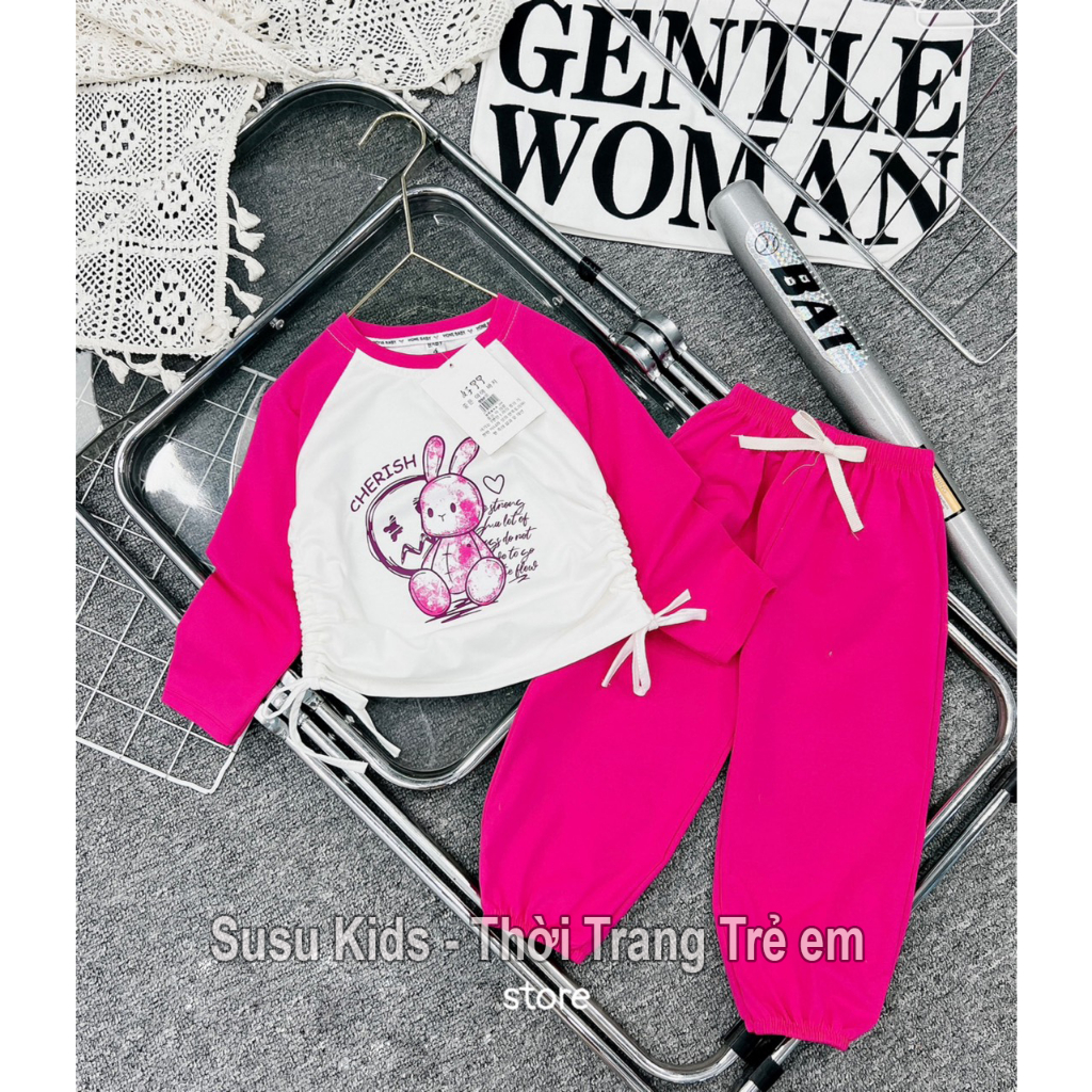 Bộ thu đông bé gái, Sét bộ thỏ rút eo Cotton 3 màu cho bé gái 10 -20kg