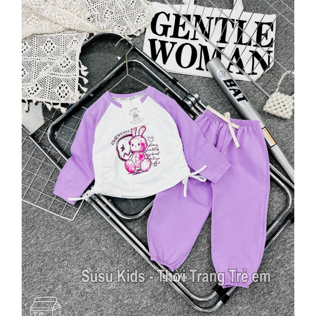 Bộ thu đông bé gái, Sét bộ thỏ rút eo Cotton 3 màu cho bé gái 10 -20kg