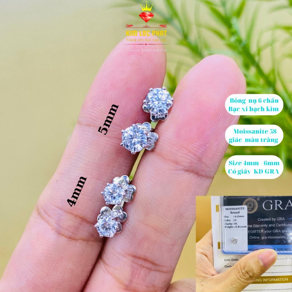 Bông tai bạc xi bạch kim moissanite màu trắng từ 4mm - 6mm, Khuyên tai bạc kim cương nhân tạo 58 giác, kiểm định GRA