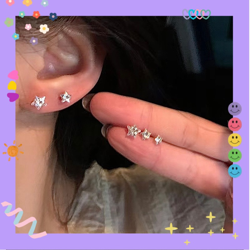 Bông tai Unisex tone bạc 🌟 Ngôi sao ✨ đính đá (3size)
