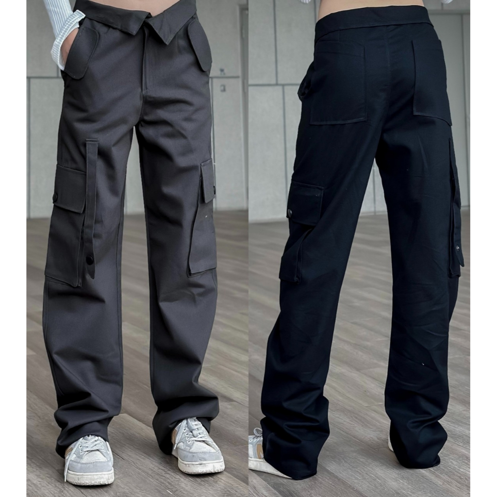 Quần kaki cargo ZAZA  cạp cao ống rộng 2 màu Xám đen hàng thiết kết 1hit_ unisex