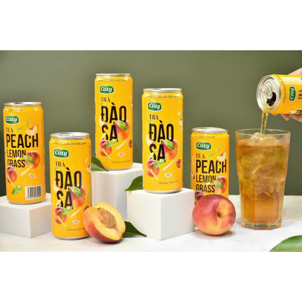 Thùng 24 lon trà đào sả , trà bí đao Cozy - Thơm ngon rõ vị