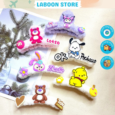 Kẹp tóc càng cua LABOON đính charm gấu dâu Lotso, kẹp tóc lông nhung mềm mịn chắc chắn