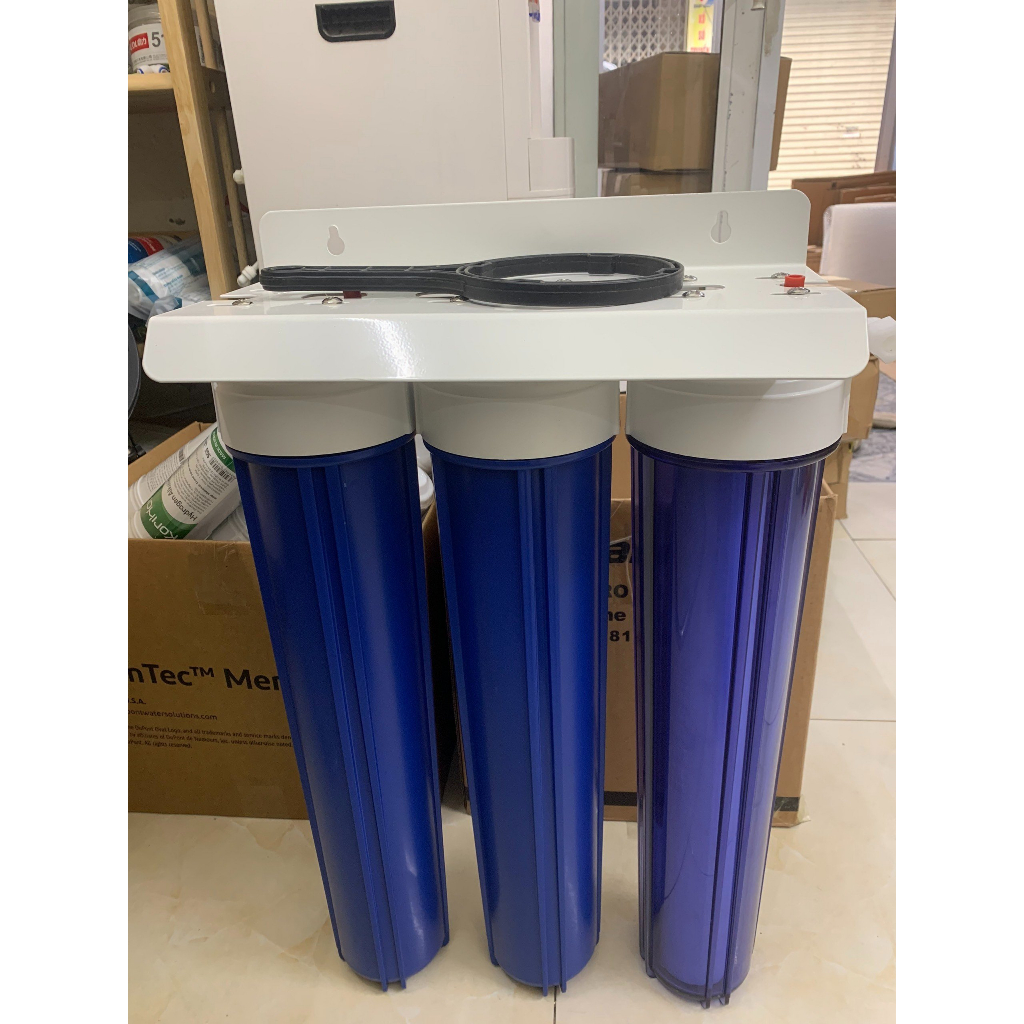 Bộ lọc thô đầu nguồn bán công nghiệp 20 inch, đã bao gồm 3 lõi lọc, gông tháo cốc lọc, cút nối