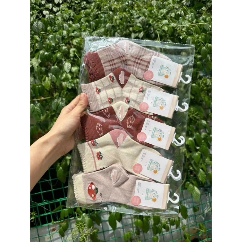 Set 5 Đôi Tất Trẻ Em Cotton Cổ Cao Phối HÌnh Hoa Cam Cho Bé Gái