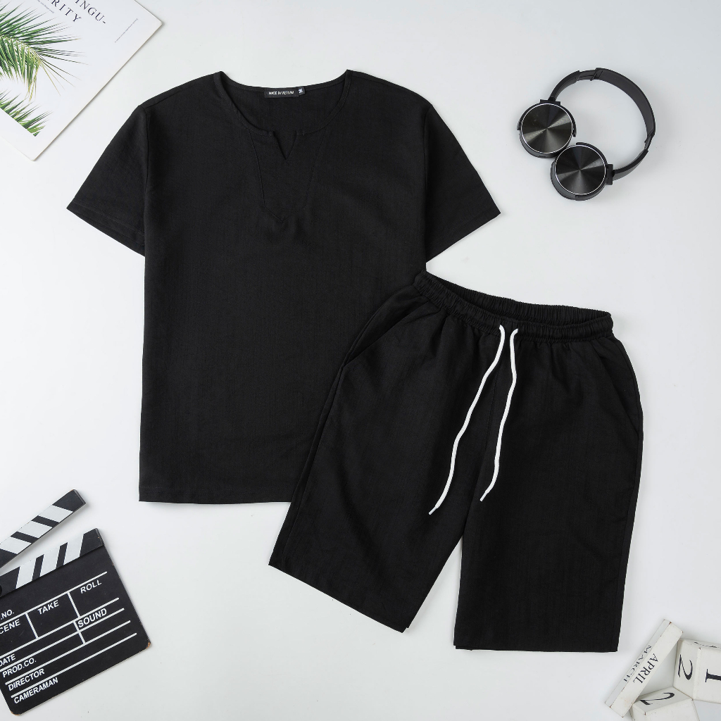 Bộ Đùi Nam Áo Cổ Viền Tròn Quần Đùi Vải Đũi Mềm Mịn Mát Nhẹ Thoáng Thấm Hút Mồ Hôi Tốt