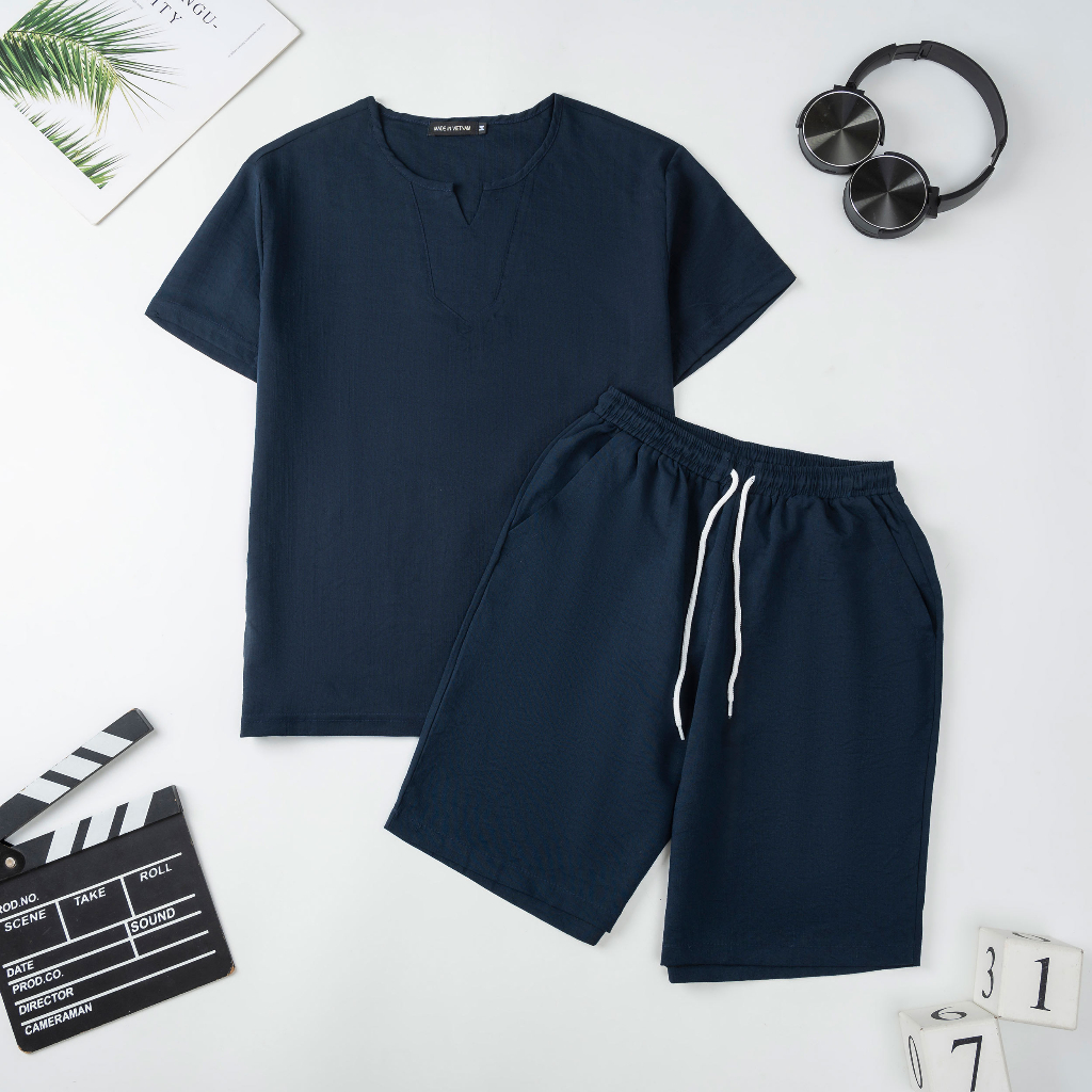 Bộ Đùi Nam Áo Cổ Viền Tròn Quần Đùi Vải Đũi Mềm Mịn Mát Nhẹ Thoáng Thấm Hút Mồ Hôi Tốt