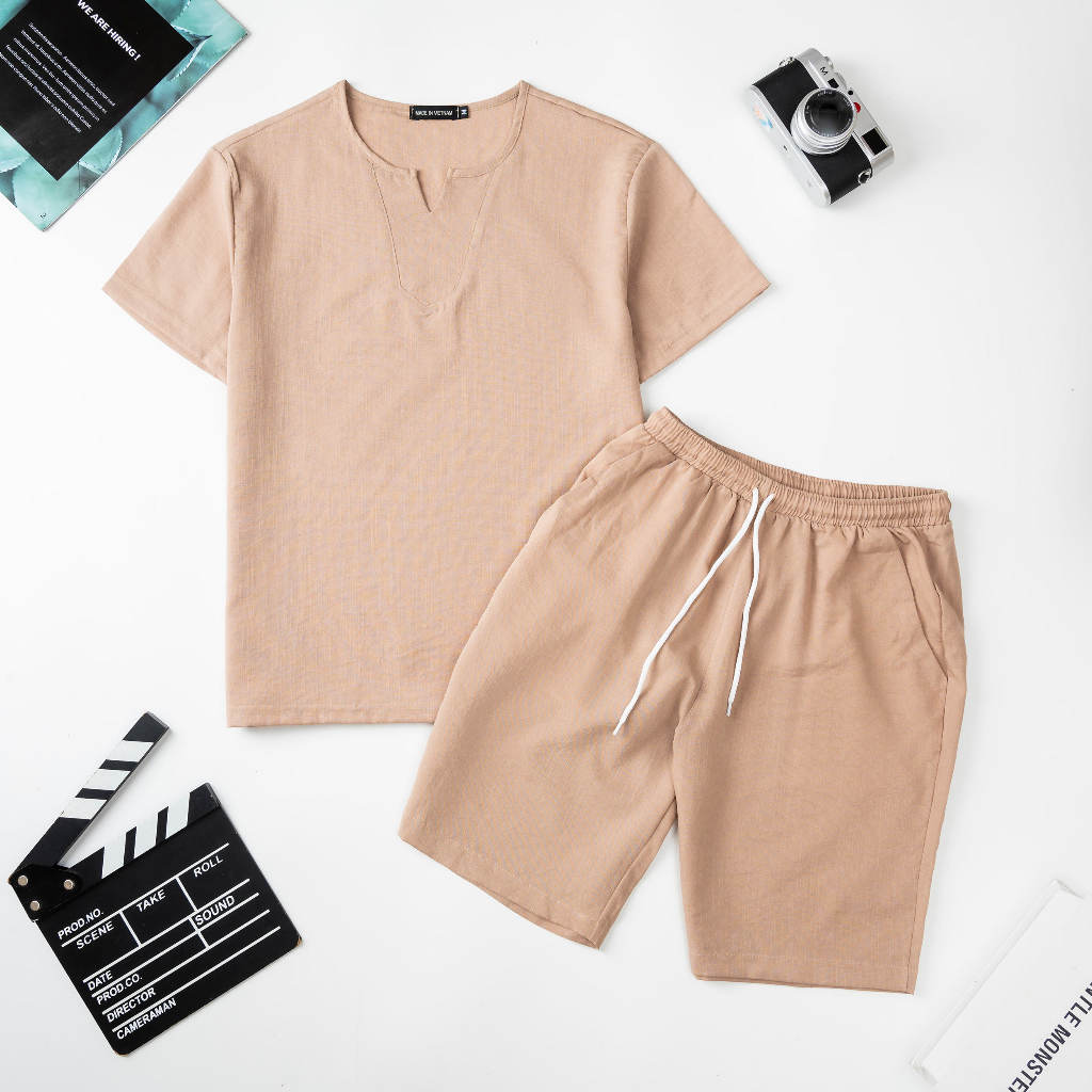 Bộ Đùi Nam Áo Cổ Viền Tròn Quần Đùi Vải Đũi Mềm Mịn Mát Nhẹ Thoáng Thấm Hút Mồ Hôi Tốt