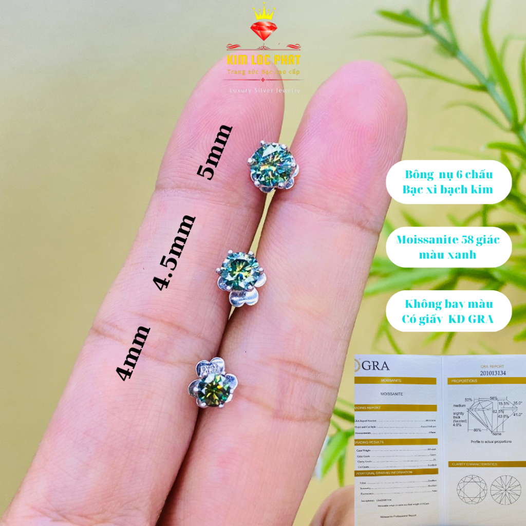 Bông tai bạc xi bạch kim moissanite màu xanh từ 4mm - 5mm, Khuyên tai bạc Kim cương nhân tạo 58 giác cắt, kiểm định GRA