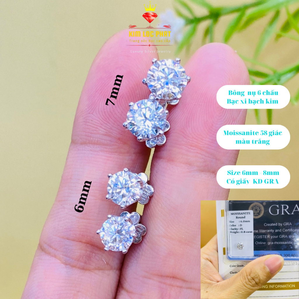 Khuyên tai bạc xi bạch kim moissanite màu trắng từ 6mm-8.1mm, Bông tai bạc kim cương nhân tạo 58 giác, có kiểm định GRA