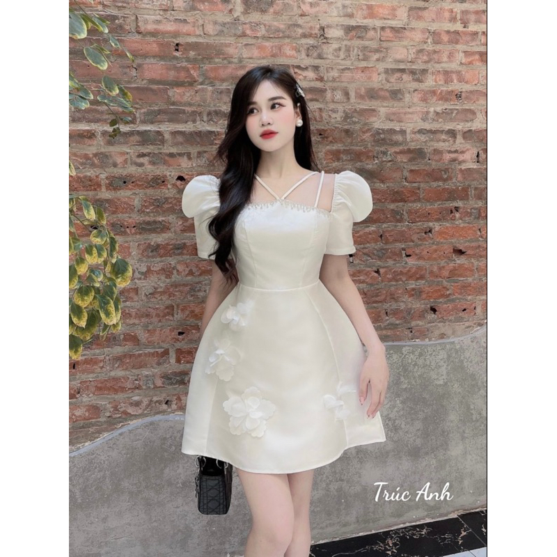 Váy tafta tay bồng viền đá A6049