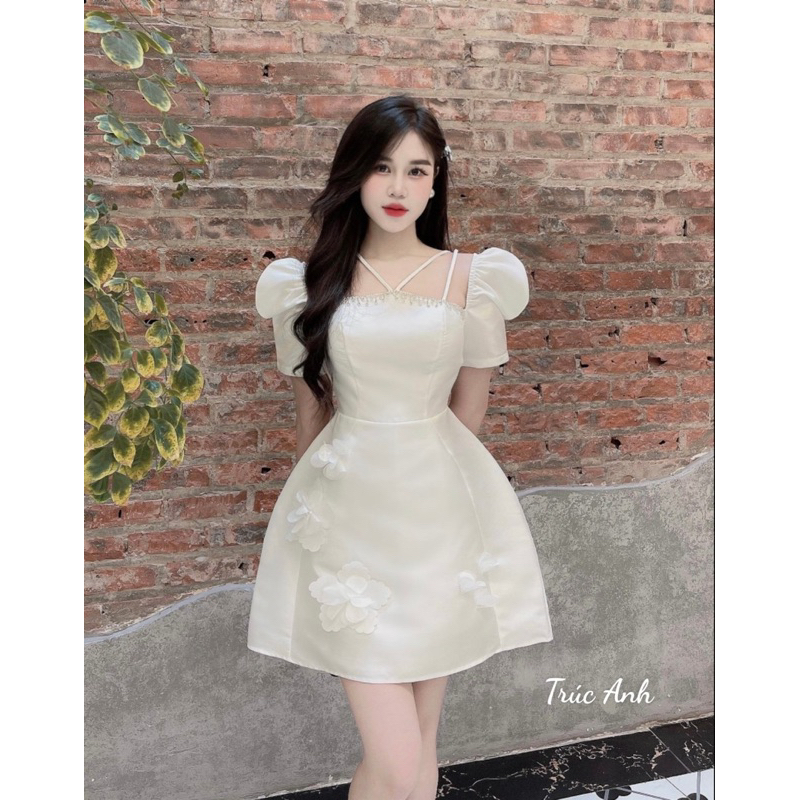 Váy tafta tay bồng viền đá A6049