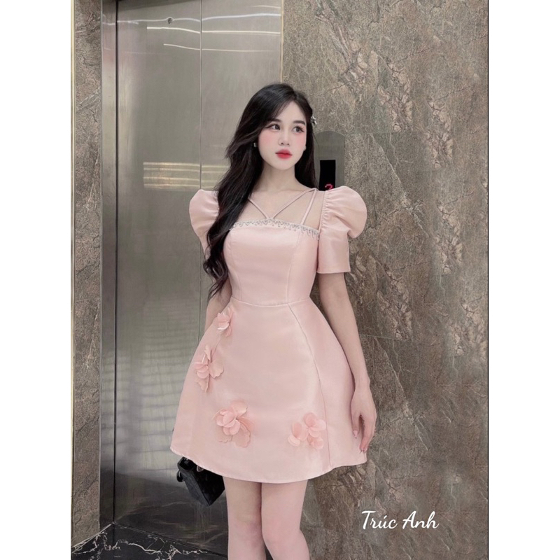 Váy tafta tay bồng viền đá A6049