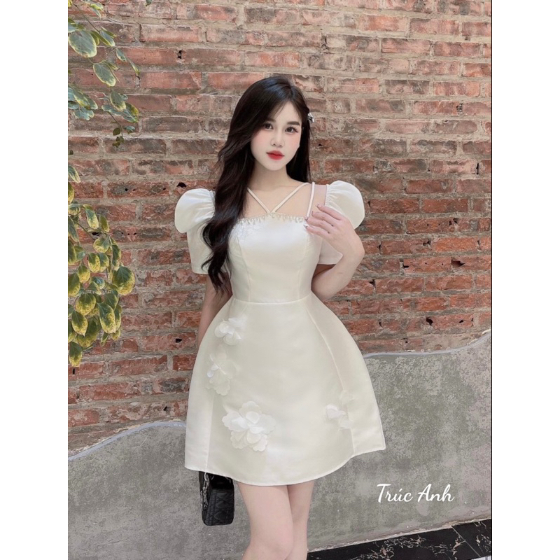 Váy tafta tay bồng viền đá A6049