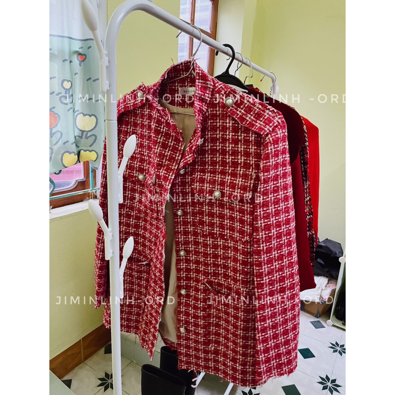 Có sẵn: Áo khoác dạ Tweed đỏ oversize 2 lớp