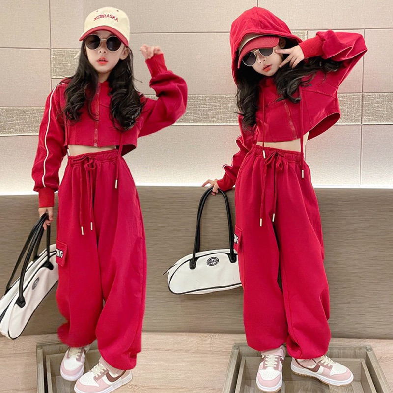 Bộ thu đông bé gái, set bộ nhung tăm đỏ áo Hooodie croptop phối quần túi hộp sành điệu cho bé 10-28kg