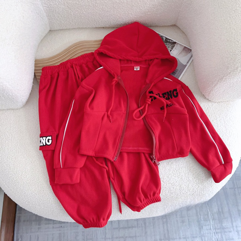 Bộ thu đông bé gái, set bộ nhung tăm đỏ áo Hooodie croptop phối quần túi hộp sành điệu cho bé 10-28kg