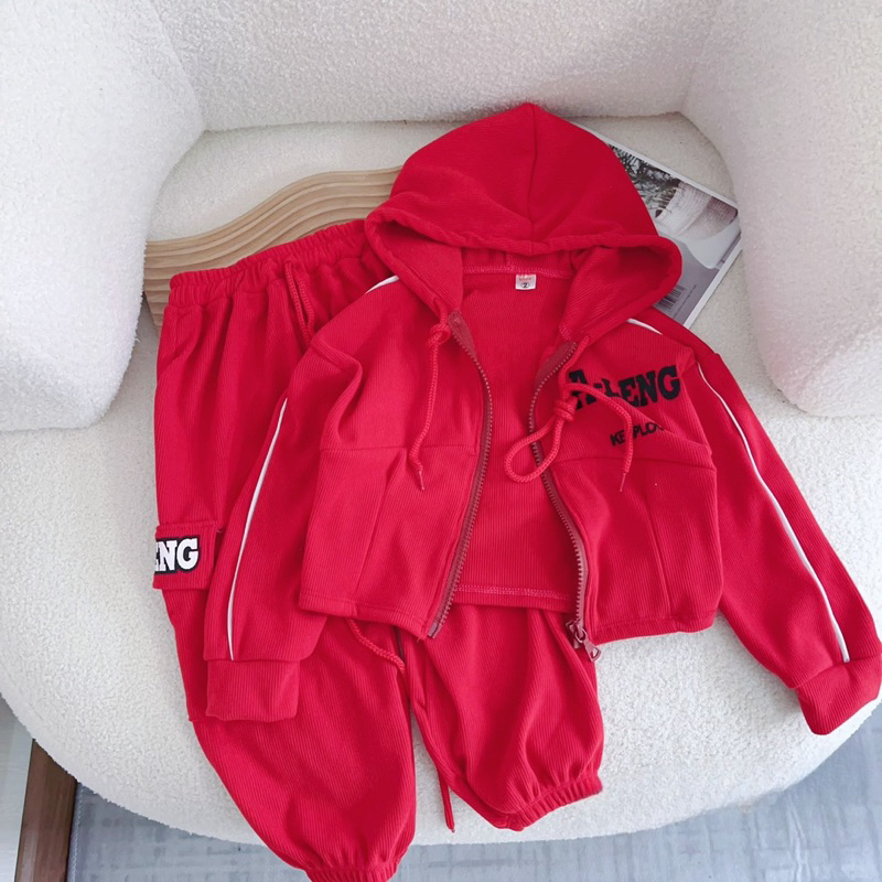 Bộ thu đông bé gái, set bộ nhung tăm đỏ áo Hooodie croptop phối quần túi hộp sành điệu cho bé 10-28kg