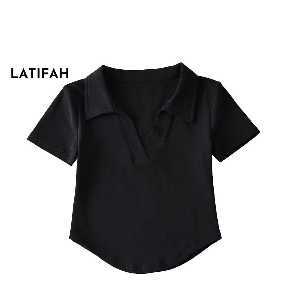 Áo thun croptop cổ POLO tay lỡ Latifah TRƠN AT030 thun co giãn 4 chiều