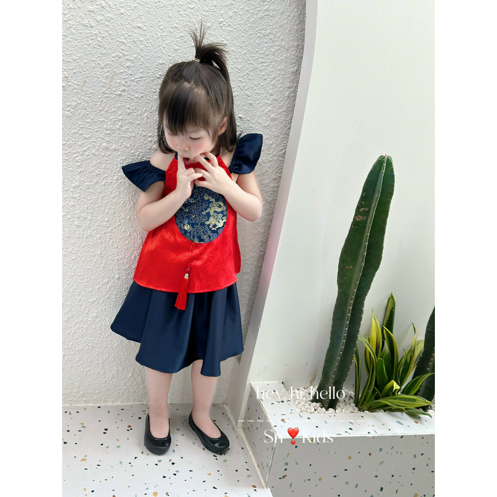 Váy bé gái , Sét váy yếm vải áo gấm chân váy lụa cho bé diện trung thu 10-30kg