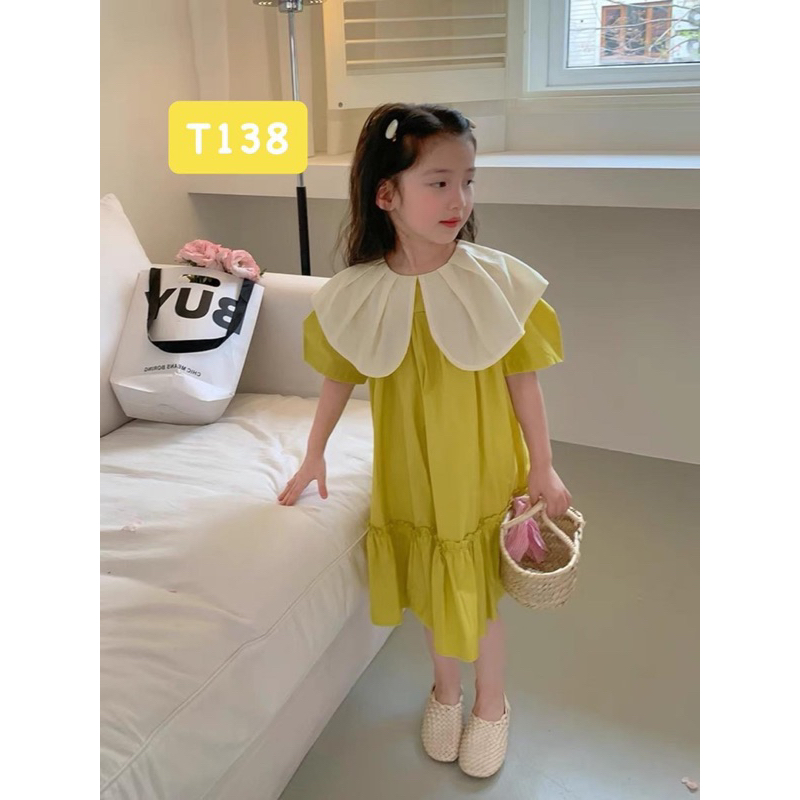 T138 Váy cho bé - Váy bánh bèo xanh chuối điệu đà chất liệu thô mềm cho bé gái