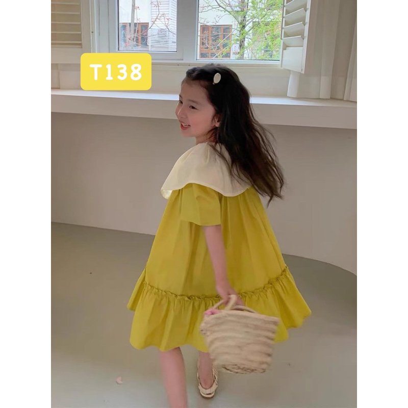 T138 Váy cho bé - Váy bánh bèo xanh chuối điệu đà chất liệu thô mềm cho bé gái
