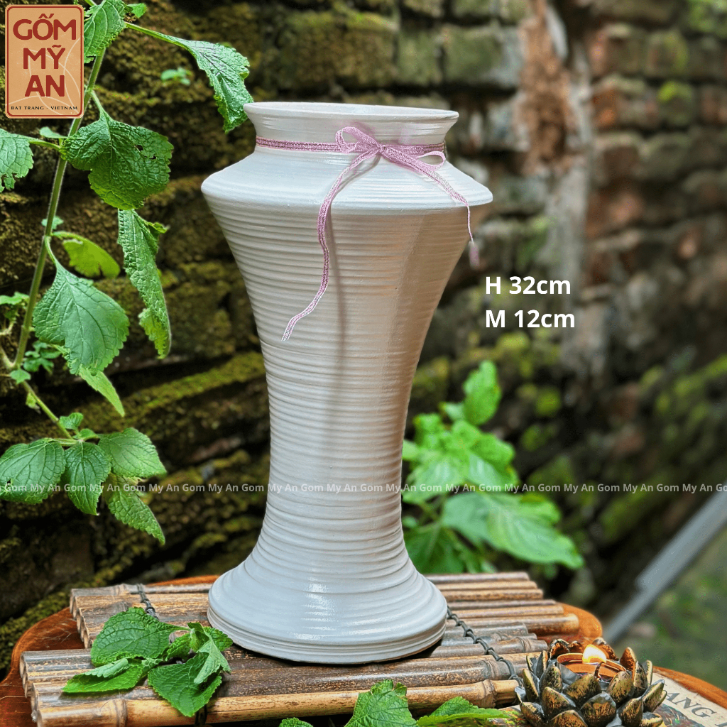 Bình gốm Lọ hoa Bát Tràng dáng chân đèn họa tiết vân dễ cắm hoa hàng thủ công trang trí trang nhã | Gốm Mỹ An Bát Tràng