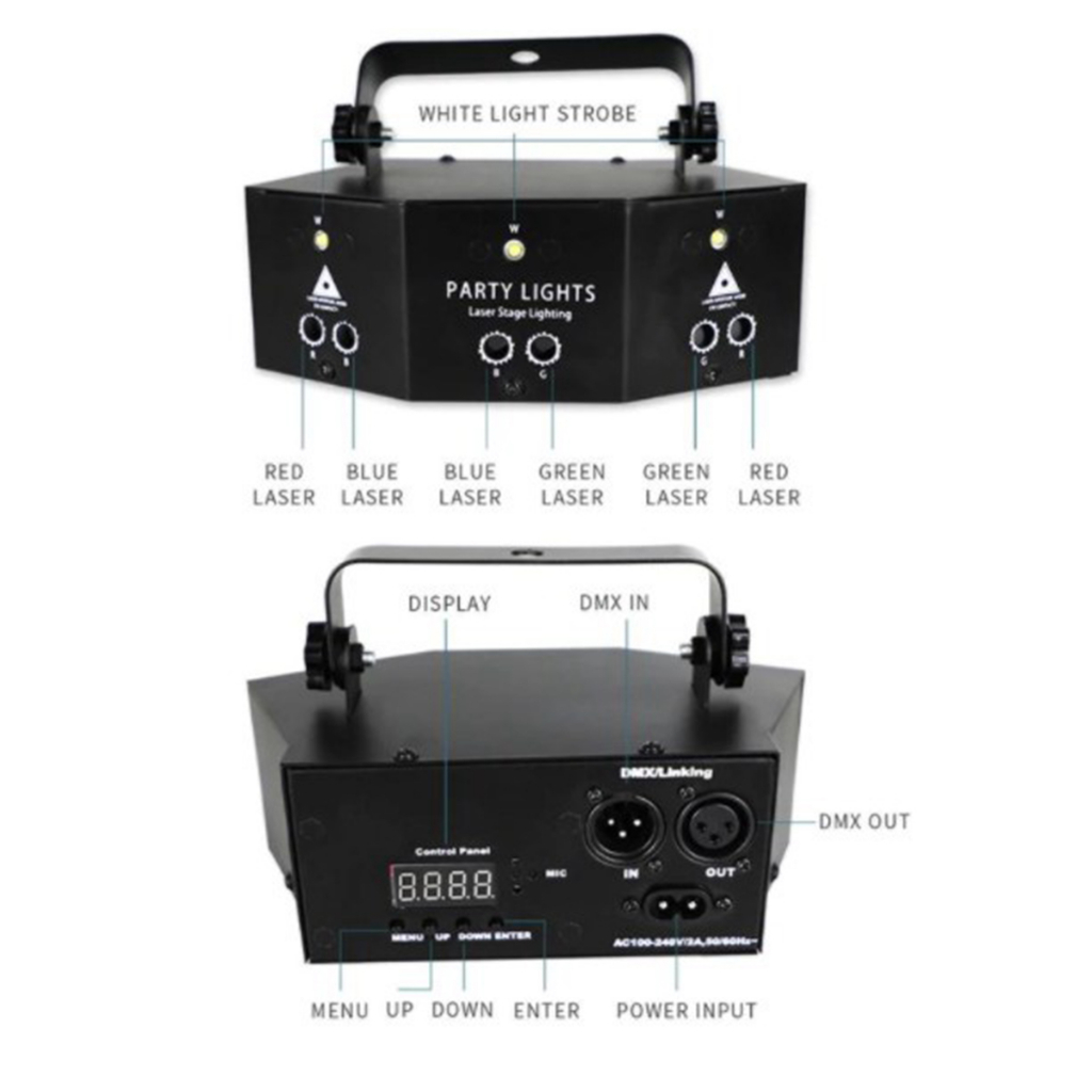 Đèn chiếu laser 9 mắt nháy theo nhạc cao cấp, đèn laser vũ trường cảm biến âm thanh trang trí sân khấu, phòng bay