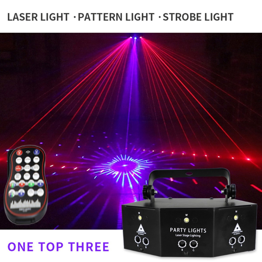 Đèn chiếu laser 9 mắt nháy theo nhạc cao cấp, đèn laser vũ trường cảm biến âm thanh trang trí sân khấu, phòng bay
