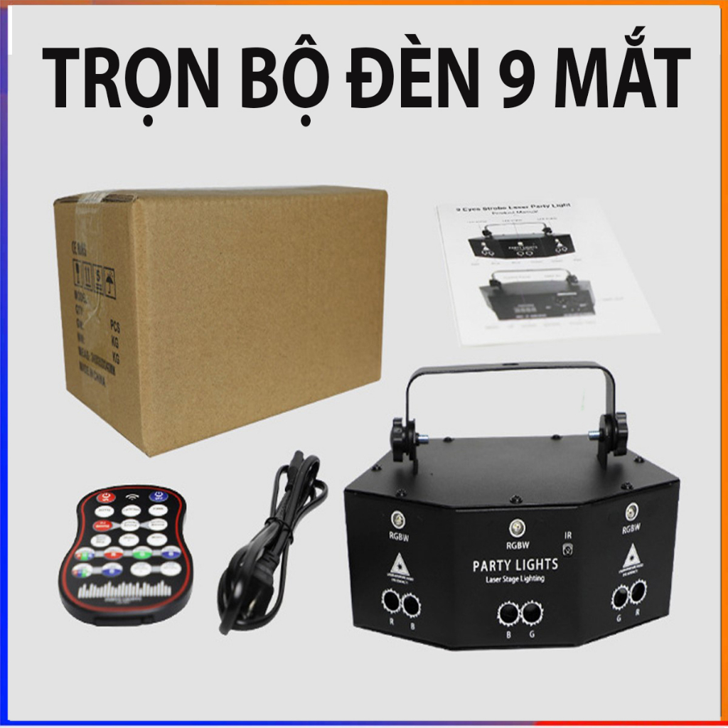 Đèn chiếu laser 9 mắt nháy theo nhạc cao cấp, đèn laser vũ trường cảm biến âm thanh trang trí sân khấu, phòng bay
