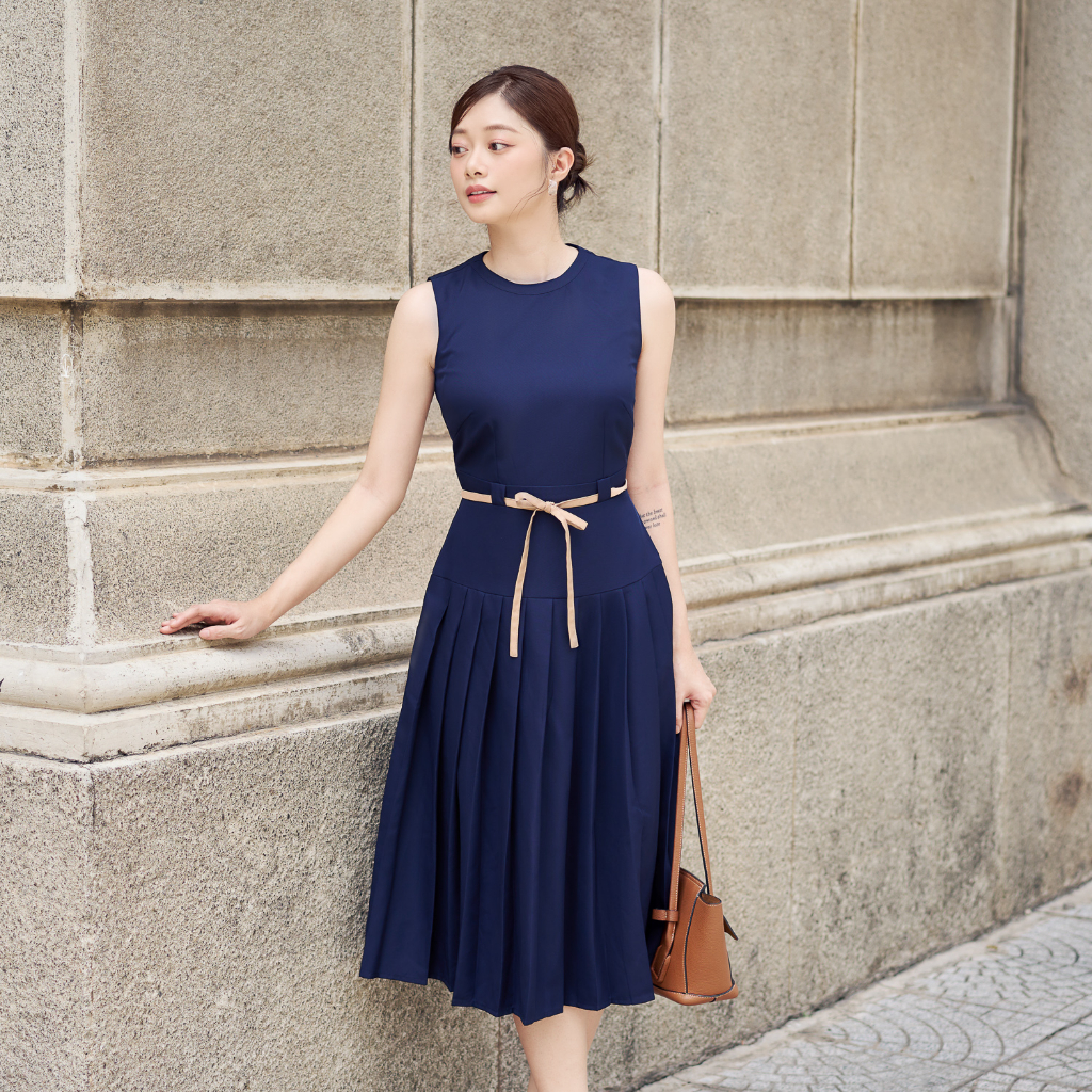 Đầm midi cotton xếp ly tùng Maybi