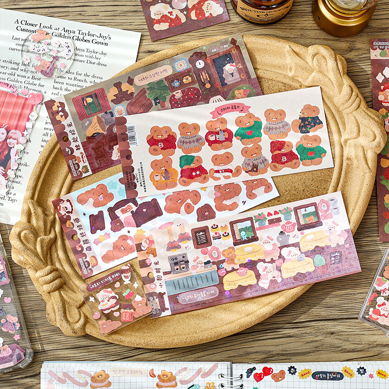 Zanmo SET 2 TẤM hình dán sticker hình gấu kim tuyến decor toploader