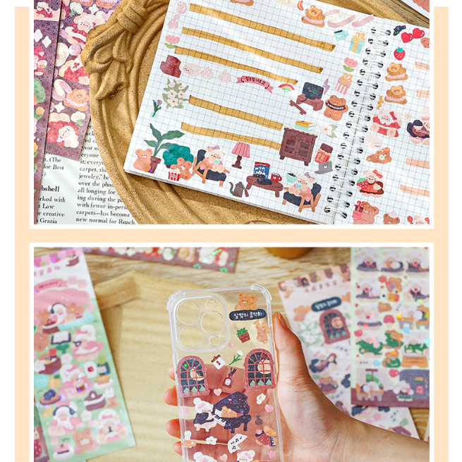 Zanmo SET 2 TẤM hình dán sticker hình gấu kim tuyến decor toploader