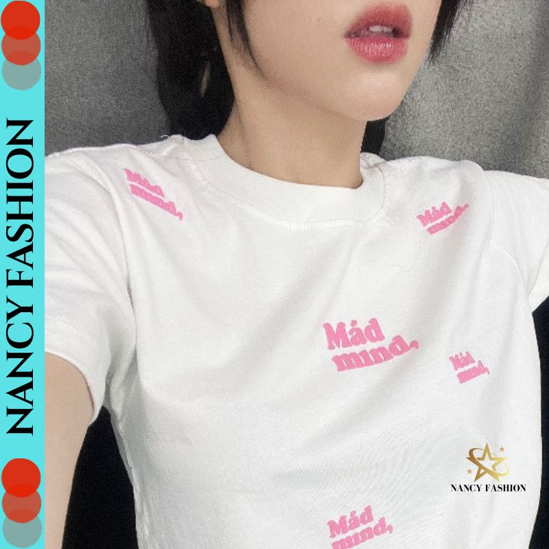 Áo Croptop Ôm Body Nữ In Chữ Mad mnd Cổ Tròn Tay Ngắn, Áo Thun Croptop Kiểu Phối Tay Sexy In Họa Tiết