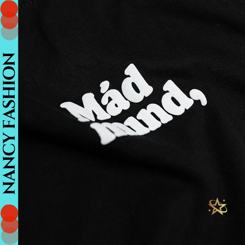 Áo Croptop Ôm Body Nữ In Chữ Mad mnd Cổ Tròn Tay Ngắn, Áo Thun Croptop Kiểu Phối Tay Sexy In Họa Tiết