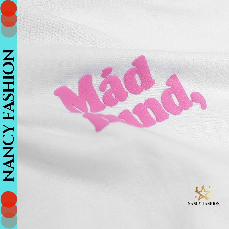 Áo Croptop Ôm Body Nữ In Chữ Mad mnd Cổ Tròn Tay Ngắn, Áo Thun Croptop Kiểu Phối Tay Sexy In Họa Tiết