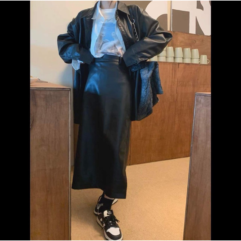 Set Váy Da, Áo Khoác Da Pu dáng rộng kèm Chân Váy Da Dáng Dài phong cách Hàn Quốc