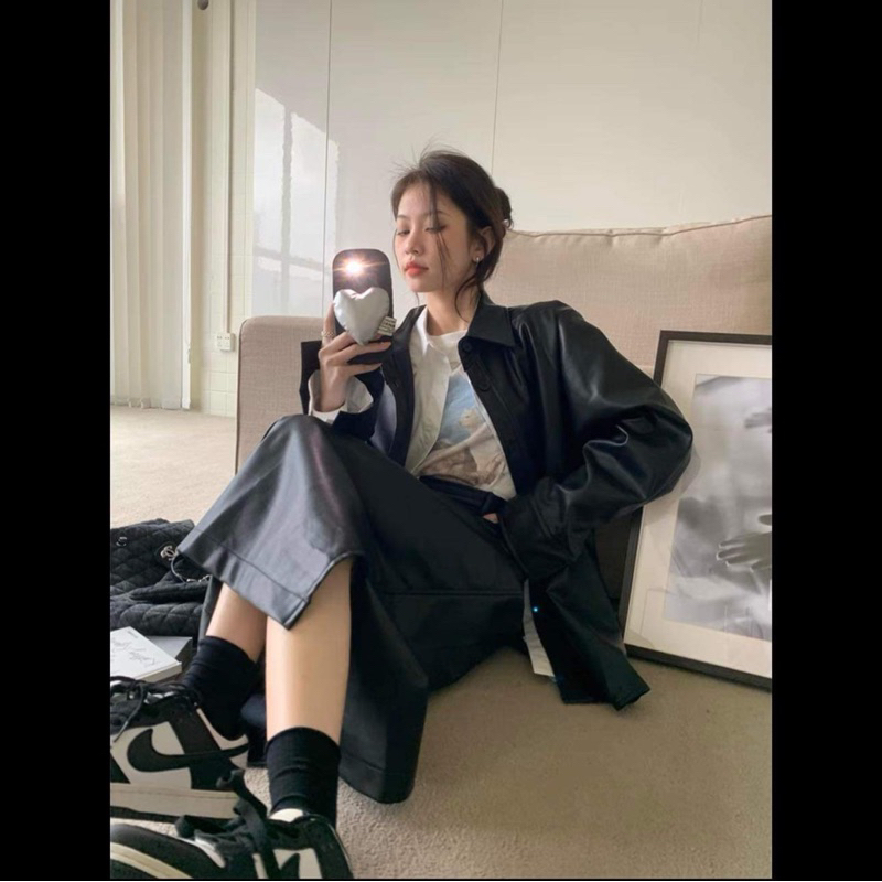 Set Váy Da, Áo Khoác Da Pu dáng rộng kèm Chân Váy Da Dáng Dài phong cách Hàn Quốc