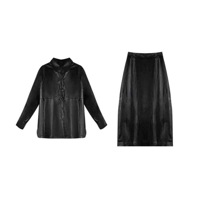 Set Váy Da, Áo Khoác Da Pu dáng rộng kèm Chân Váy Da Dáng Dài phong cách Hàn Quốc