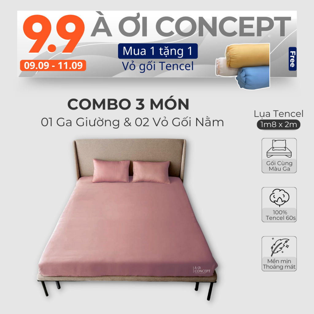 Combo 3 Món Lụa Tencel Ga Giường 1m8 x 2m và 2 vỏ gối nằm À Ơi Concept cao cấp Hàn Quốc nhiều màu