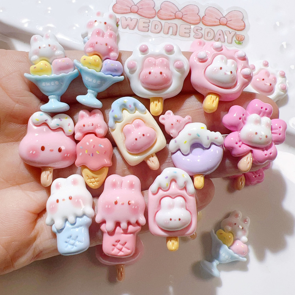 Phụ Kiện Charm Sticker Hình Thỏ Kem Phủ Bóng Đáng Yêu